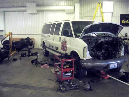 A 1997 Chevrolet van belonging to Highland Christian School is in the process of being repaired for free by Brien Motors.
