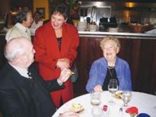 The recent retired chairman of the board of Cascade Valley Hospital Ray McClure and his wife Merilyn McClure chat with Luann Kay at a reception for supporters of the Cascade Valley Hospital Foundation at The Bistro San Martin Thursday
