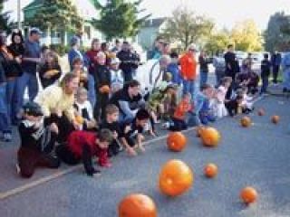 One of eight groups of about 15 pumpkins in each group launch their pumpkins from McLeod Avenue down First Street at 2:30 Saturday in the 7th annual Great Arlington Pumpkin Roll