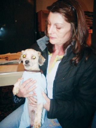 Moray Staiger with the surviving dog that was abandoned on Wade Road in Arlington within the past week.  We had to shave all the survivors fur off