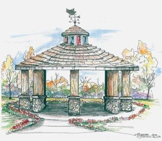 This artists rendition shows how the gazebo features log posts on rock pedestals with shake-like roof.