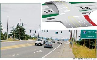 Engineers will re-stripe 172nd Street NE/SR 531 to provide three eastbound lanes at the I-5 bridge at Smokey Point. Two will go onto the bridge while the third will provide access to the southbound freeway on-ramp. About 200 feet of the eastbound bicycle lane will be lost to provide room for the new turn lane. The picture shows the current layout