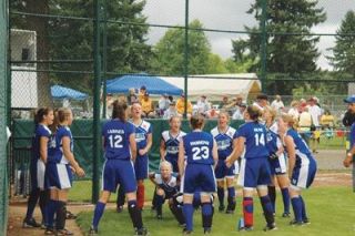 Team Washington (aka Stilly Dream Team) goes through their pre-game cheer to get themselves pumped up before their July 29 game with Team Oregon.