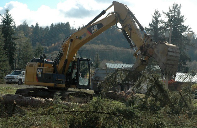 Construction crews clear out trees in the field that will serve as the future site for the Cascade Valley Hospital's new helispot.
