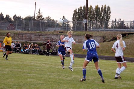Cougars sophomore Danielle Knapp takes a shot just inside the 18-yard box against South Whidbey.