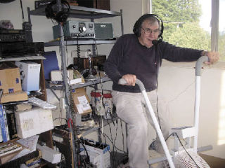 John Lanier spends his morning exercise routine chatting with friends via the old fashioned amateur radio.