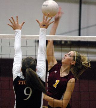 Hayley Leibel spikes one of her kills in the first game.
