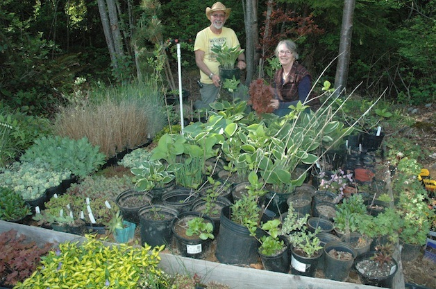 Mike Conner and Diane Jochimsen proudly display some of the plants that the Arlington Garden Club will have for sale on May 10.