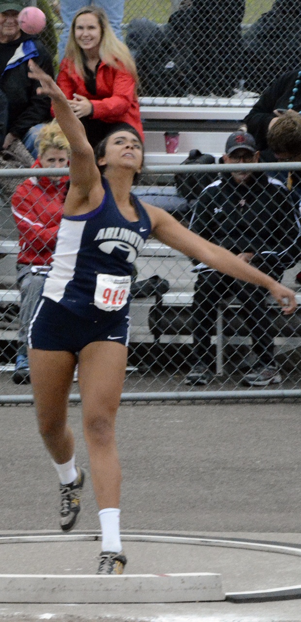 Arlington senior Jayla Russ competes in the shotput during the 3A state tournament at Mount Tahoma High School May 28.