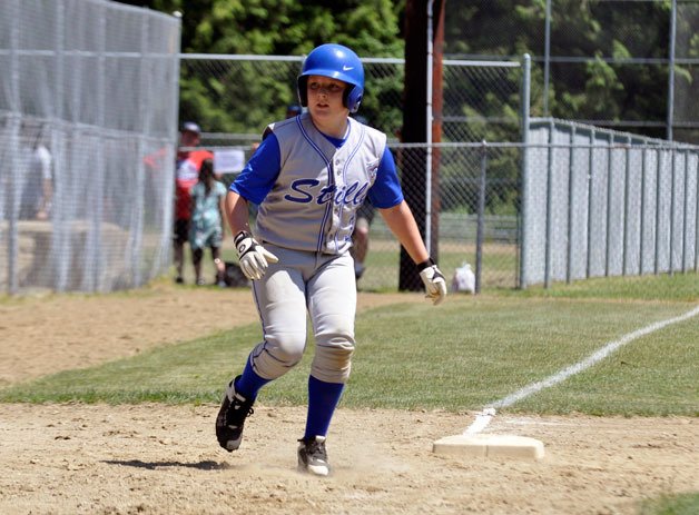 Skyler Kline holds up on third base in the first round of the District 1 Little League Majors All-Star tournament