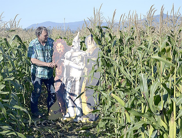 Brian Foster sets up a Wizard of Oz prop that is the theme of the corn maze at Foster's Farm in Arlington this fall season.
