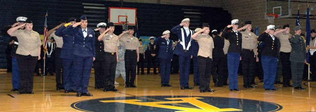 Cadets from the Arlington High School Air Force and Marysville-Pilchuck High School Navy Junior ROTC units follow orders among a host of other high school JROTC units during the Dec. 15 drill competition at AHS.