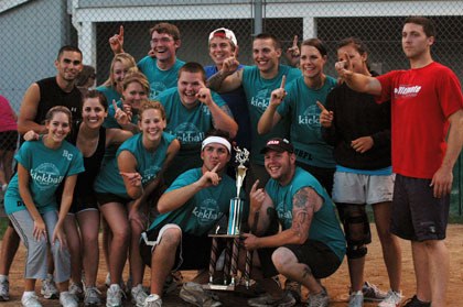 The Gremlins celebrate taking home the Marysville Kickball League title.
