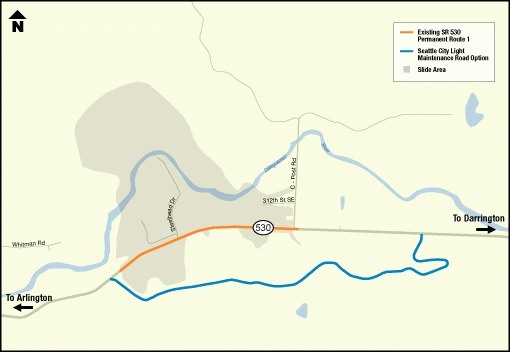 A map of the Seattle City Light maintenance road's access around State Route 530.