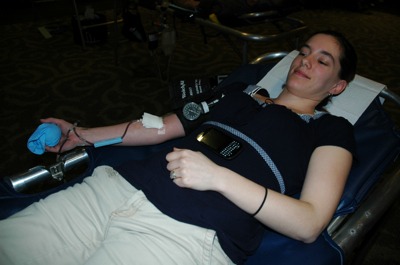 Arlington's Keri Rickard relaxes as she donates to the Puget Sound Blood Center at the Medallion Hotel in Smokey Point on March 16.