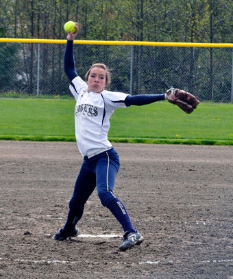 Eagles pitcher Hayley Fields strikes out a Knight during their 7-4 victory over Kamiak on April 18.
