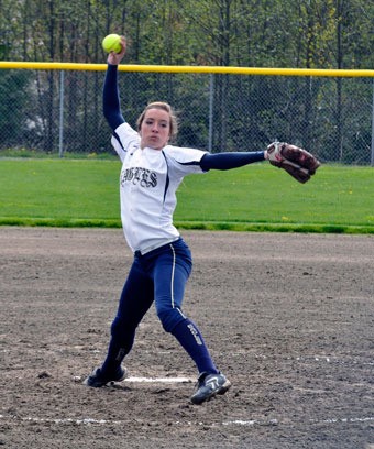 Eagles pitcher Hayley Fields strikes out a Knight during their 7-4 victory over Kamiak on April 18.
