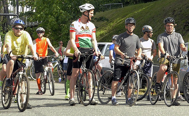 Bicyclists get ready to take off during the Pedal