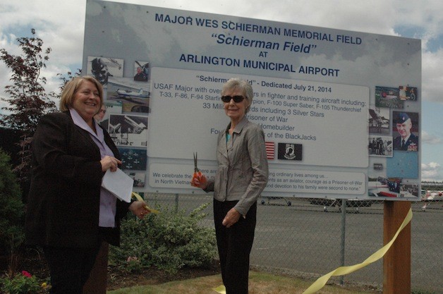 The Arlington Municipal Airport's historic airfield is dedicated to retired U.S. Air Force Maj. Wesley Schierman by Arlington Mayor Barbara Tolbert and Schierman's widow