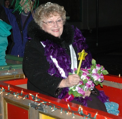Former Arlington Mayor Margaret Larson rode on the Rotary train down Olympic Avenue as part of last year's 'Paint the Town Purple' parade in support of the Arlington Relay For Life.