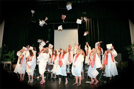 The Highland Christian School Class of 2009 graduates throw their hats into the air after they receive their diplomas June 12 in the old Arlington High School auditorium. Graduating seniors are Samuel George Angelsey