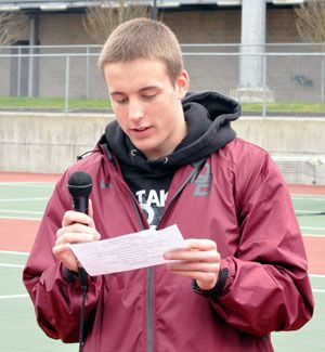Arlington's Max Gray speaks before the flash football game on April 4.