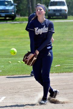 Arlington pitcher Veronica Ladines warms up prior to the start of the May 19 game against Monroe. The Eagles beat Monroe