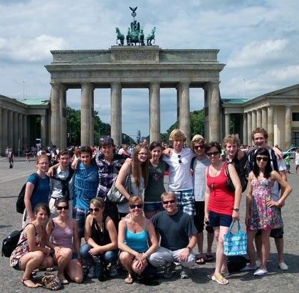A group of Arlington High School students stand in front of Brandenburg Gate in Berlin during their four-week exchange in Germany.