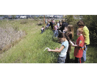 Carol Weller’s third-grade students sketch birds in the wetland area at Pioneer Elementary School in Arlington