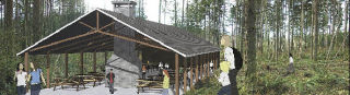 Camp Killoqua shelters are scattered in the woods of the second growth forest of the 185-acre Camp Fire USA Snohomish County Council facility that is located near Lake Goodwin State Park. Teenagers sleep in the open shelters during summer camp. Construction of the pavilion funded by the Stillaguamish Tribe nears completion before summer camp begins at Camp Killoqua in late June. Sean Yanity