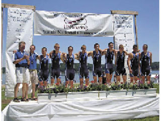 The Everett Rowing lightweight eight rowing team that won gold at the Junior National Championships. From left: head coach Marty Beyer