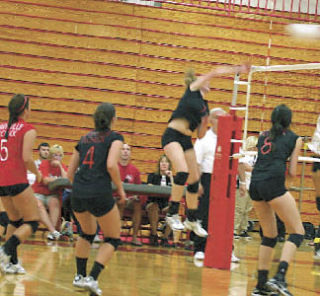 Senior Jenna Welsh records one of her 11 kills against Monroe.