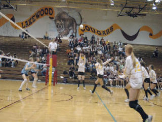 Senior Peyton Mizell sets the ball for freshman hitter Kaylee Diggs.