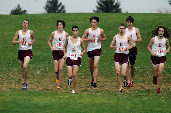 The Lakewood boys cross country team readies for the state meet at Sun Willows Golf Course in Pasco. From left