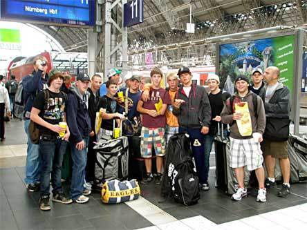 The crew of wrestlers who made the trek to Germany this summer pose for a photo in the Berlin train station.