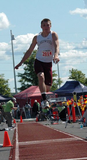 Lakewood’s Justin Peterson competes in the state championship triple jump. Peterson finished first in the triple jump and second place in the high jump.