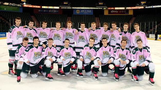 The 2011 Silvertips team wears pink jerseys during their third annual Pink the Rink game last year in support of breast cancer awareness in Snohomish County.