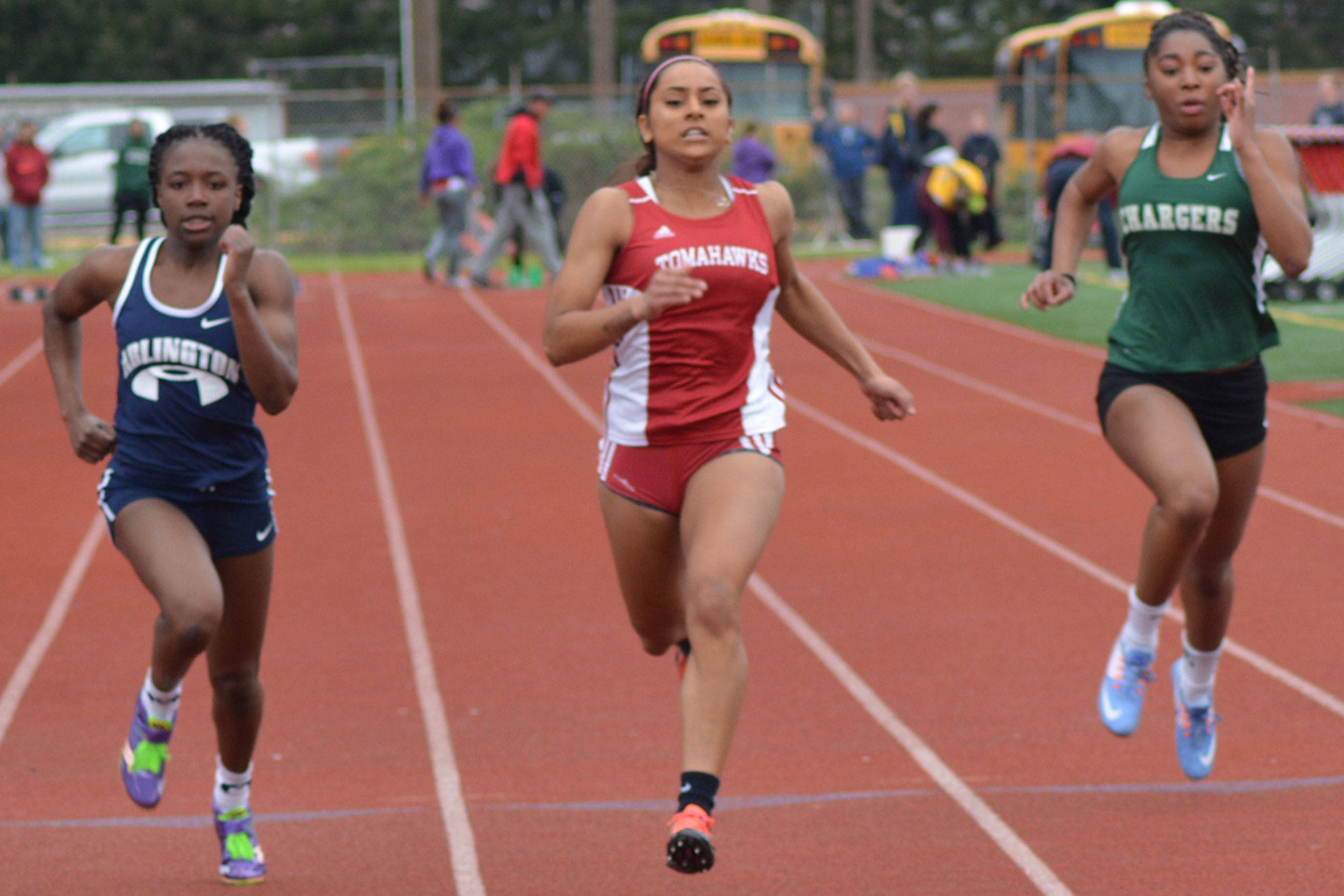 Trina Davis of M-P wins a race earlier in the week. She also won the 100 meters in Friday&rsquo;s City Championships. (Steve Powell/Staff Photo)