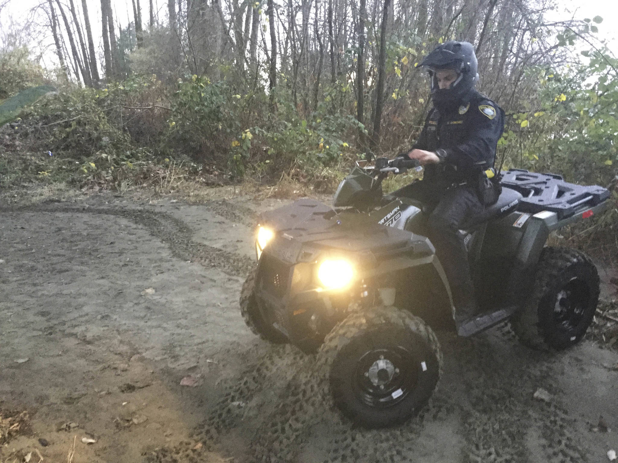 Officer Alex Donchez hits the trail on one of Arlington police’s two new donated all-terrain vehicles.