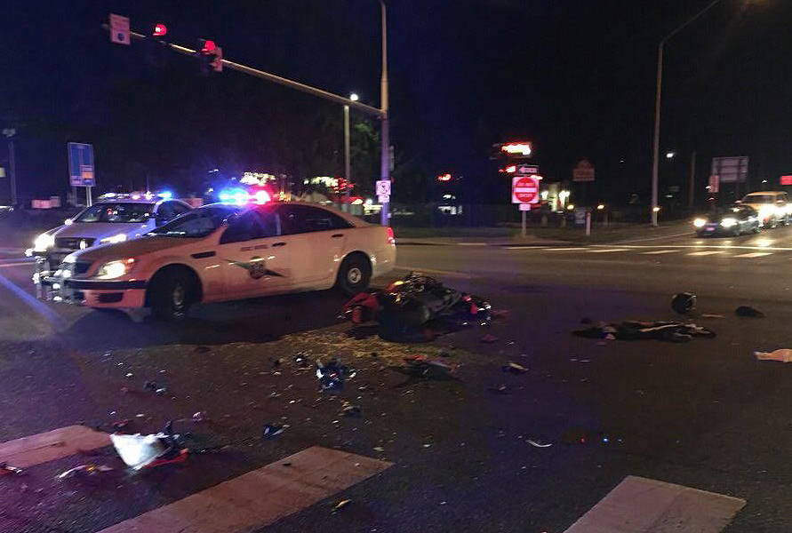 Marysville police and Washington State Patrol respond to a motorcycle-vehicle collision on at I-5 and Fourth Street. While it may appear so, no body is shown in this courtesy photo.