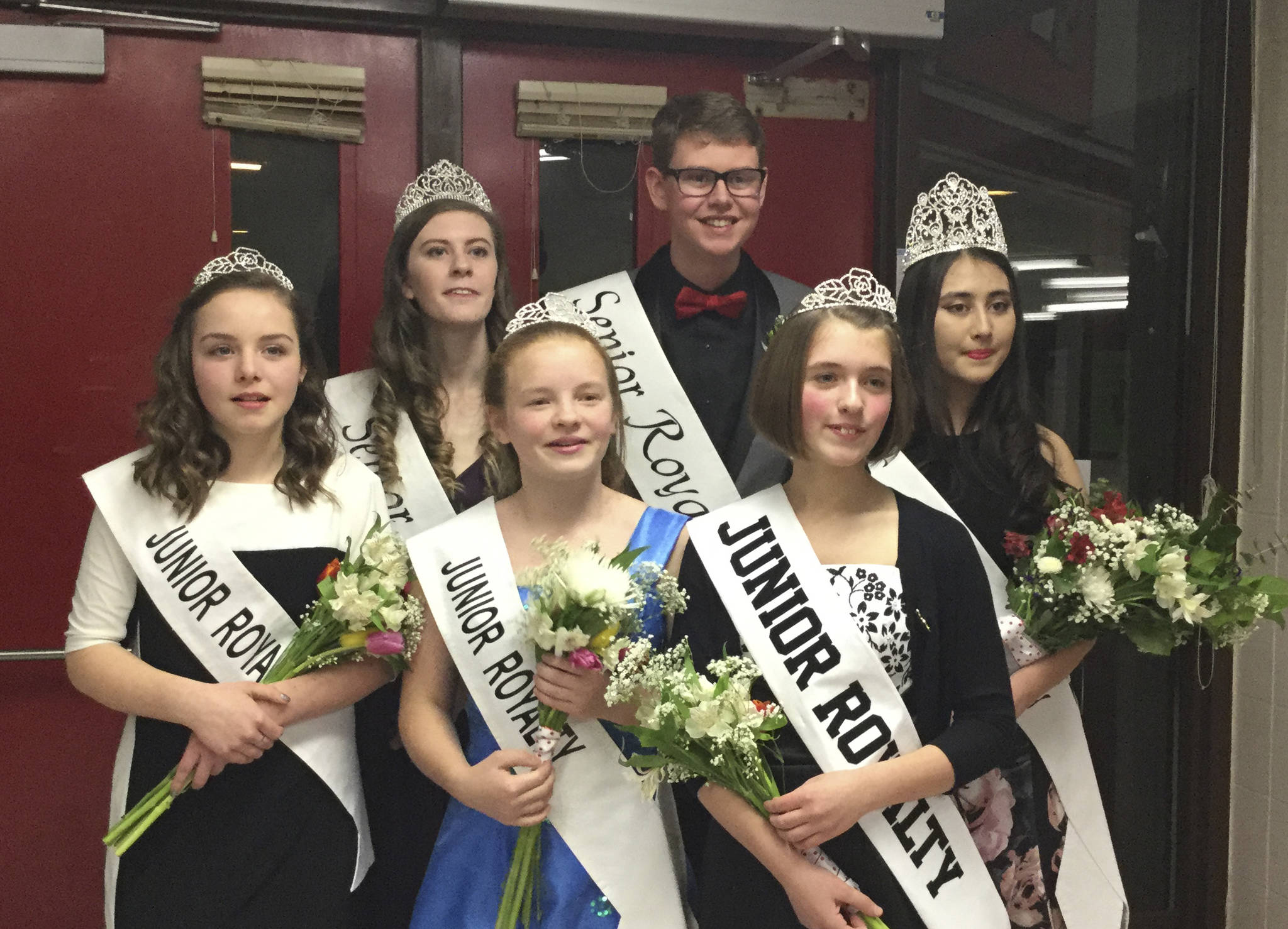 Douglas Buell/Staff photo                                The 2018 Marysville Strawberry Festival senior royalty court in back row: Kaitlyn Norris, Nathan Weller and Katelynn Melohusky. Junior royalty from left are Abigail Lewis, Emmah Butler and Ziri Morales.