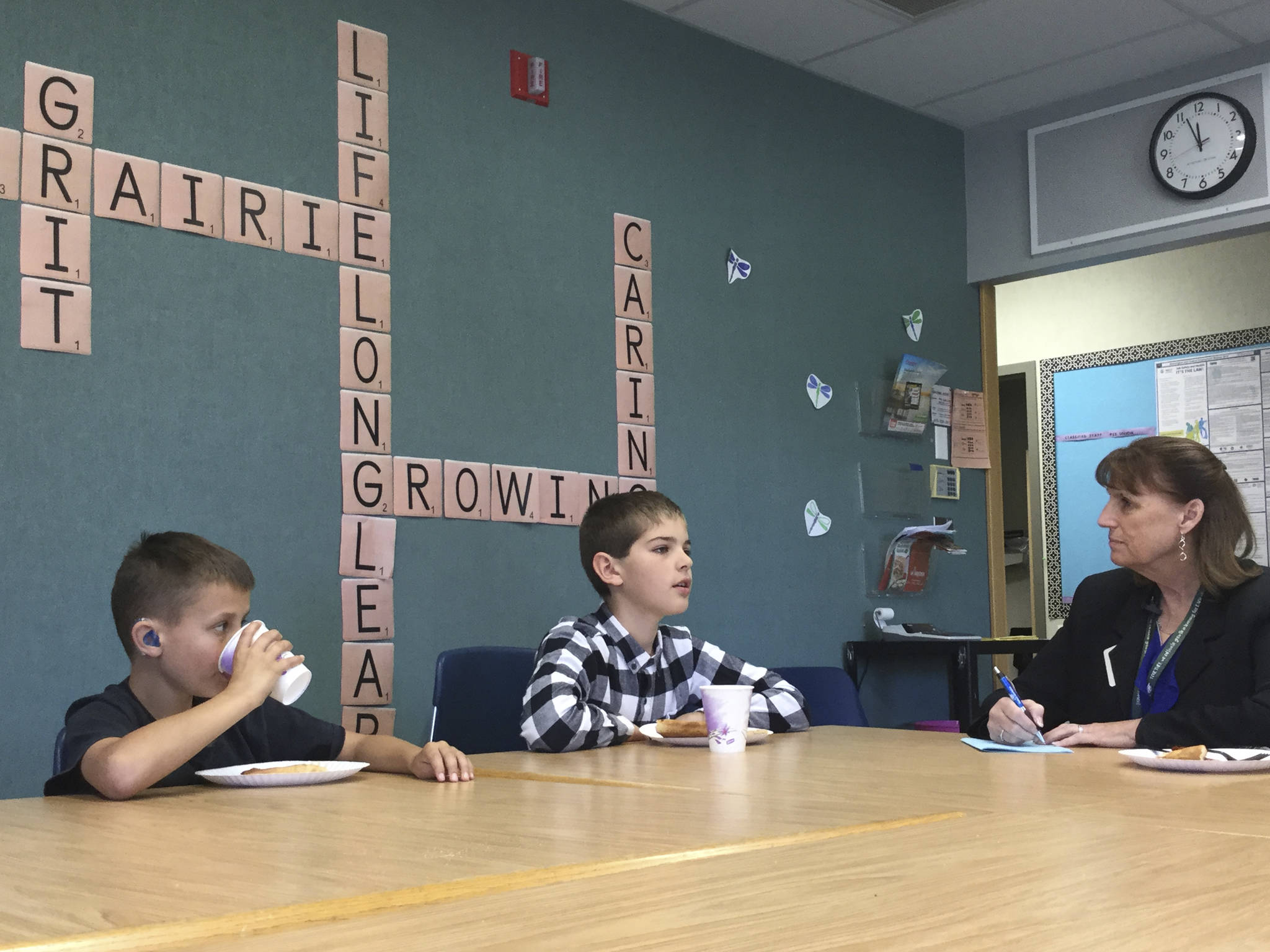 From left, Kent Prairie Elementary fourth-graders Carson Eveland and Jason Hopkins joined Arlington Schools Superintendent Chrys Sweeting for one of her periodic Student Voices lunch visits to hear from students.