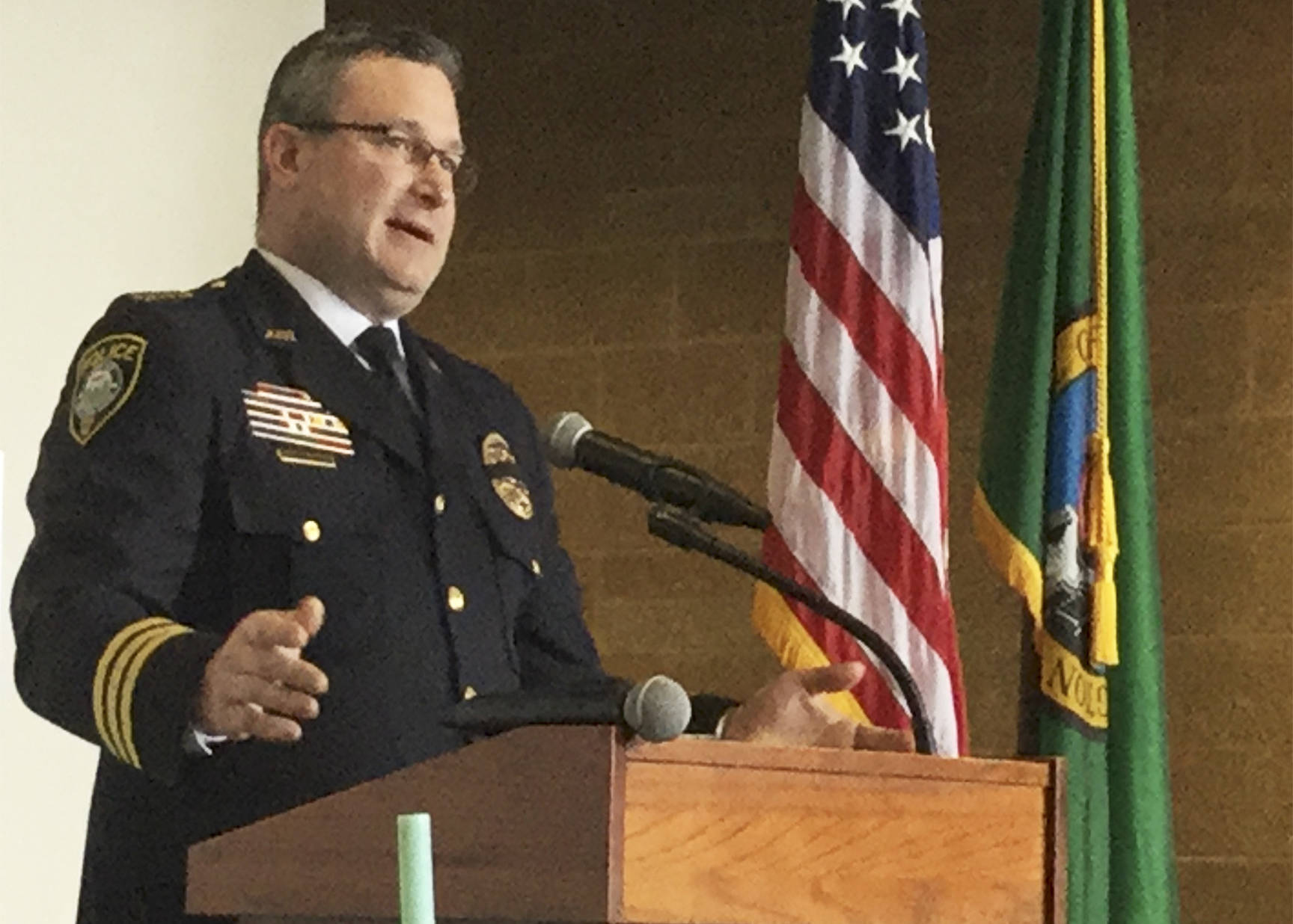 Arlington Police Chief Jonathan Ventura gives a one-year progress report on the city’s Community Outreach Program at a Stilly Valley Chamber of Commerce luncheon.