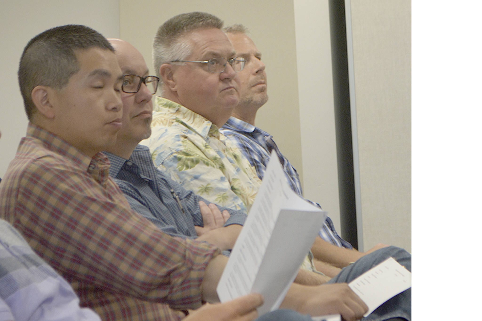 These four candidates for outgoing City Councilman Rob Toyer’s spot have been coming to the meetings for weeks. Their congeniality is evident as they sit together at the one Monday night. They are Noah Rui, Gary Kemp, Kelly Richards and Todd Fahlman. Residents are getting ballots in the mail now for the Aug. 6 primary election. A political forum Tuesday night at 6:30 at the Red Curtain Center for the Arts will feature council candidates and also the two running for mayor. (Steve Powell/Staff Photo)