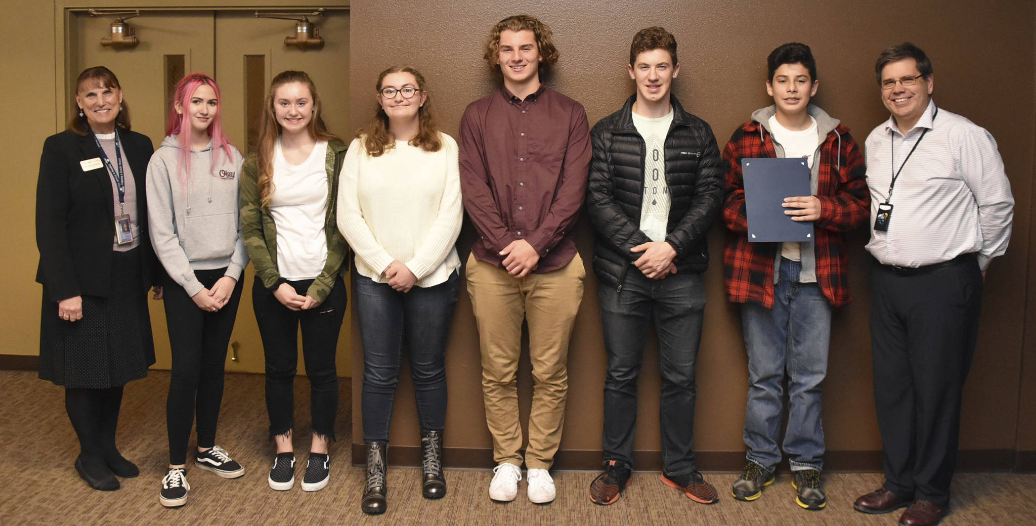 Arlington and Lakewood School District students were recognized Nov. 14 by the Rotary Club of Arlington for making a difference in their schools. From left, Arlington Public Schools superintendent Chrys Sweeting, Abby Boespflug, Emma Armes, Desiree Nusbaum, Riley Krueger, Jacob Smith, Jesus Renteria Garcia and Lakewood schools superintendent Scott Peacock.