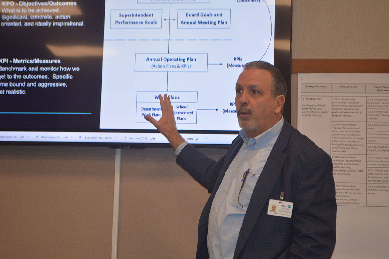 Superintendent Jason Thompson talks at public meeting on Marysville School District plan. (Steve Powell/Staff Photo)