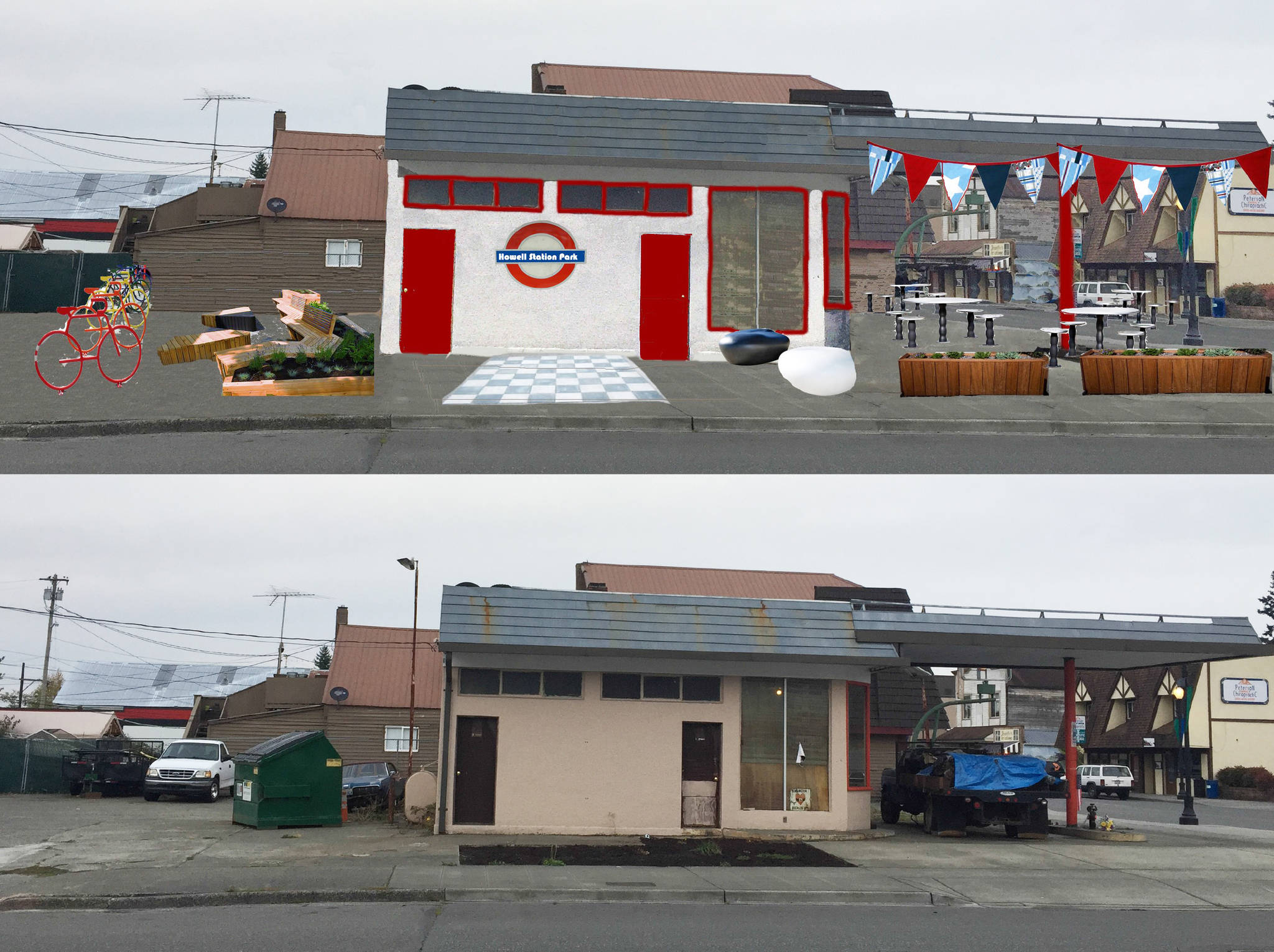 After and before illustrations of soon to be service station-turned-Innovation Center at Olympic Avenue and 4th Street in Arlington.