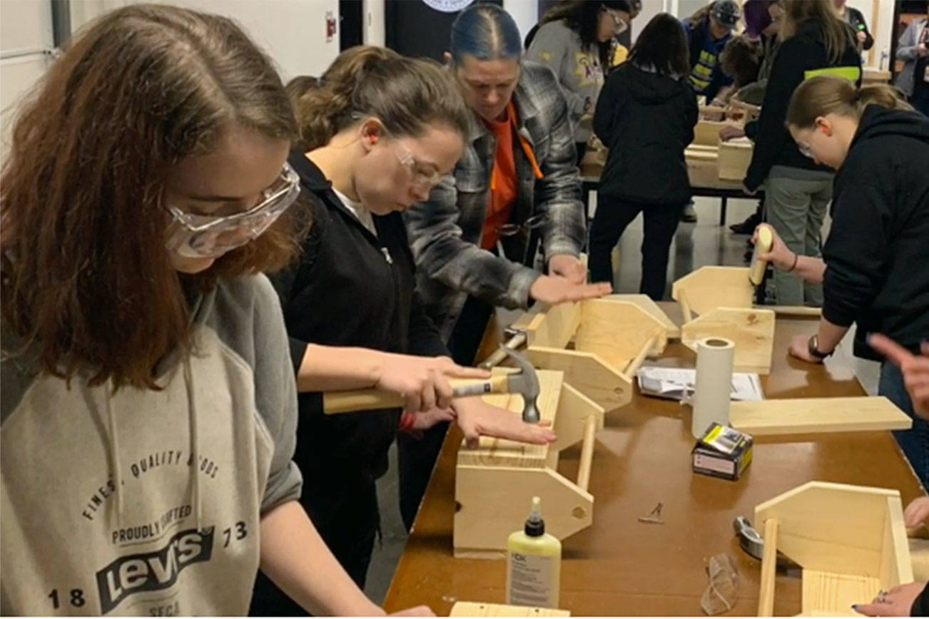 Girls build toolboxes during a recent trip to the RAP Center at M-P. (Courtesy Photo)