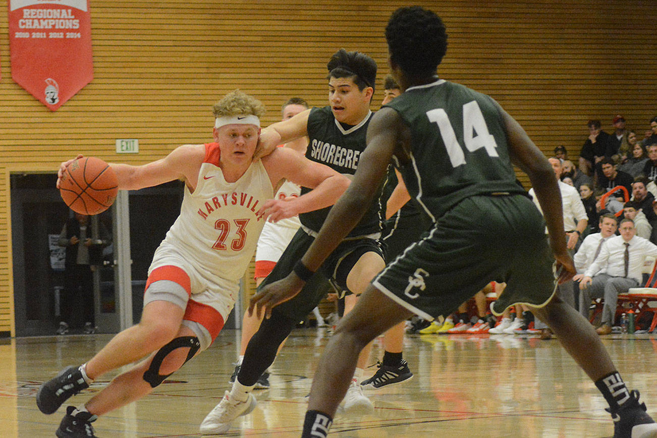 Cameron Stordahl makes a move against Shorecrest.