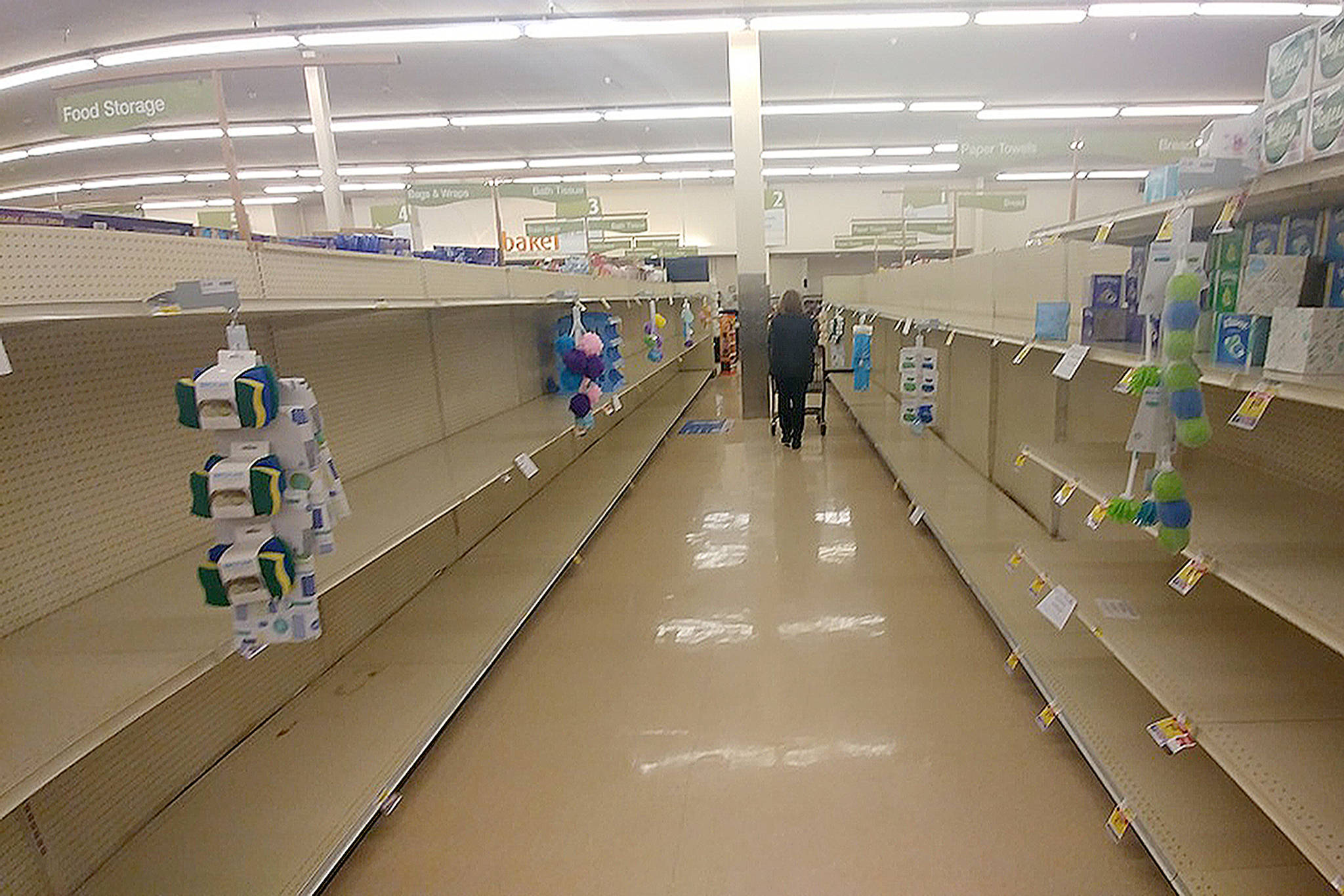 A few aisles at Albertson’s in downtown Marysville were very empty Tuesday morning. (Steve Powell/Staff Photo)